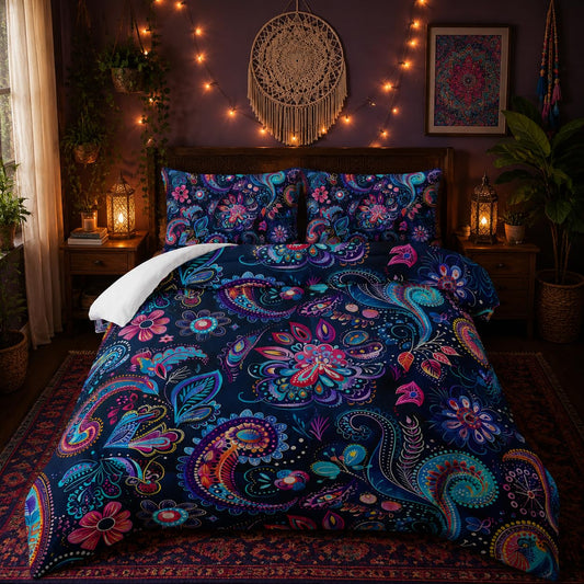 Nttopship Boho Floral Comforter Set Twin Size 3 PCS Paisley Flower Comforter Bed in a Bag Set Dark Blue Vintage Floral Boho Medallion Comforter Set for Kids Girls Teens Soft Microfiber Bedding Sets