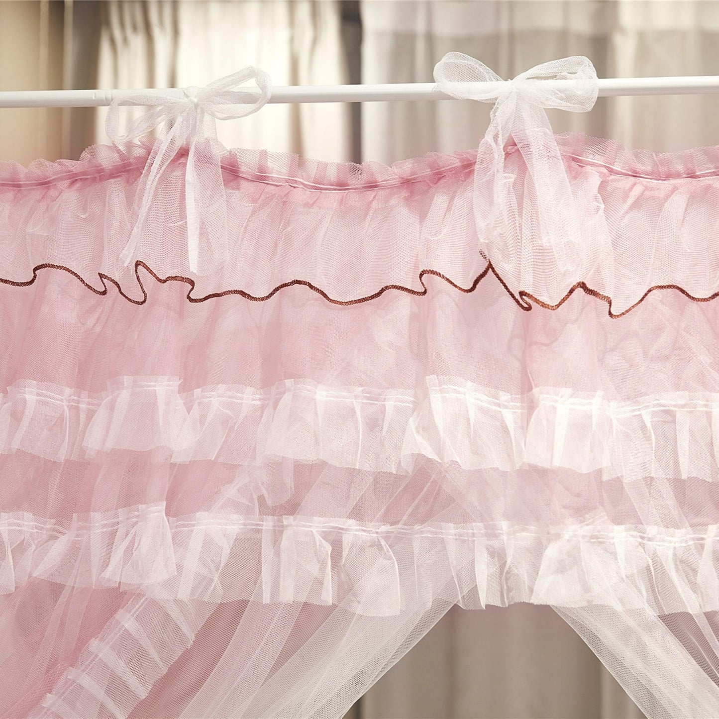 NXGIO Bed Canopy Curtain Double Layer 4 Corners Post Lace Up Ruffle Princess Drape Netting 4 Opening Mosquito Net for Girls Bedroom Decoration (Pink/White, 53" W*78" L*82" H/Full)
