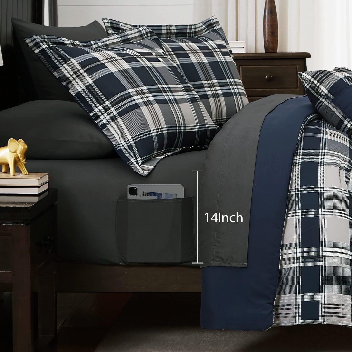 MaiRêve Queen Size Comforter Set Navy Blue, Classic Plaid Farmhouse 7 Pieces Bedding Set, All Season Lightweight Bed in a Bag with Sheets, Pillowcases & Shams