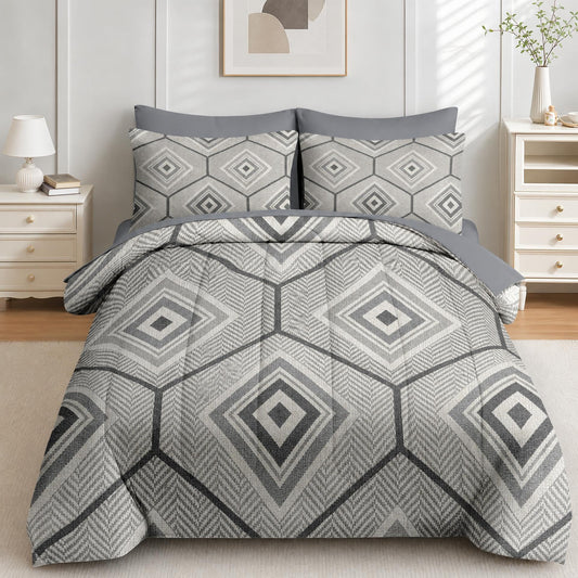 Boewywh Comforter Set Twin Size Geometric Grey Modern 7 Pcs, Bedding for Kids and Adults, Neutral Minimalist Bed Sheet Sets with Fitted Sheet 2 Pillowcases & 2 Shams for Bedroom Bed Decor