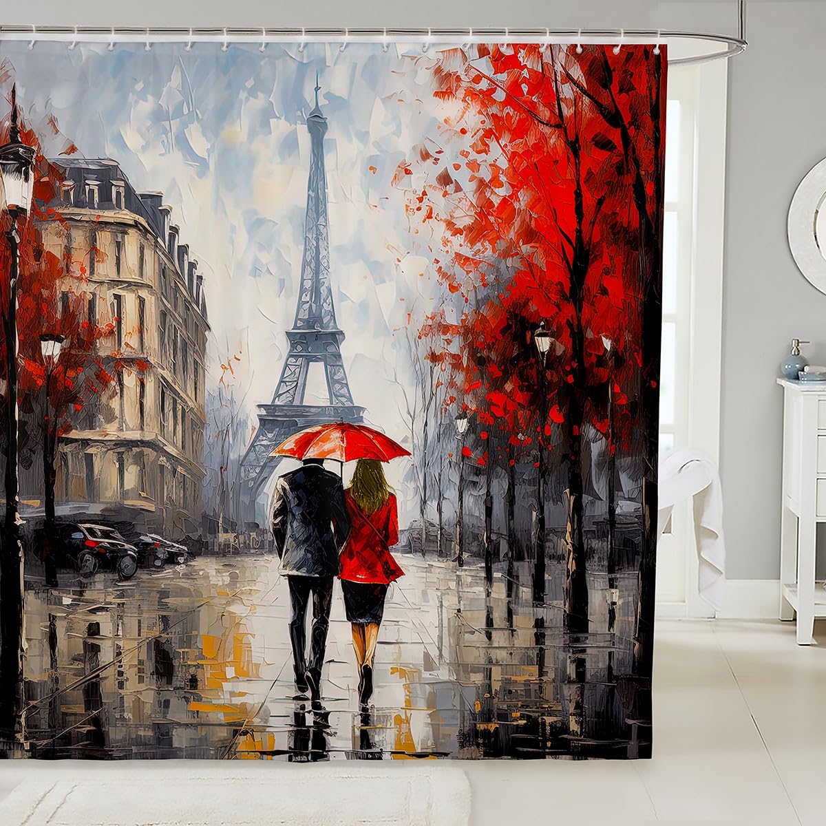jejeloiu Eiffel Tower Shower Curtain 72"x78" Couple Romantic Paris Bathroom Shower Curtain Set for Girls Women Lover Valentine's Day Bath Curtain Red France Trip Bathroom Accessories