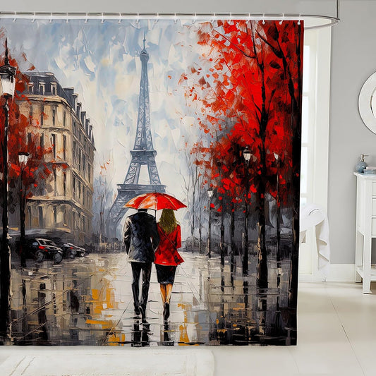 jejeloiu Eiffel Tower Shower Curtain 72"x78" Couple Romantic Paris Bathroom Shower Curtain Set for Girls Women Lover Valentine's Day Bath Curtain Red France Trip Bathroom Accessories