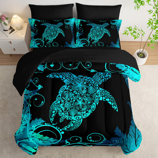 AILONEN Aqua Blue Black Turtle Comforter Set Full,7-Piece Soft Bed in a Bag for Kids Teen,Ocean Shell Sea Turtle Comforter & Fitted Sheet with Flat Sheet & 2 Pillowcases,2 Pillow Shams for Bedroom