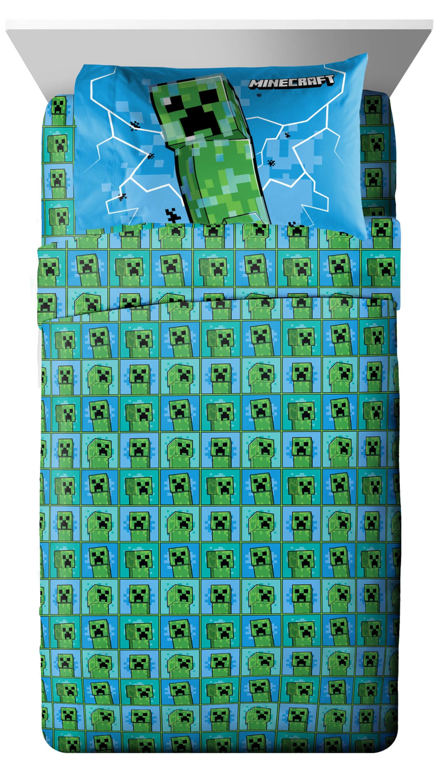 Jay Franco Minecraft Creeper Twin Comforter Set - 5 Piece Boys Bedding Includes Comforter, Sheets & Pillow Covers, Officially Licensed Soft Microfiber Gamer Bed Set for Room Decor, Green