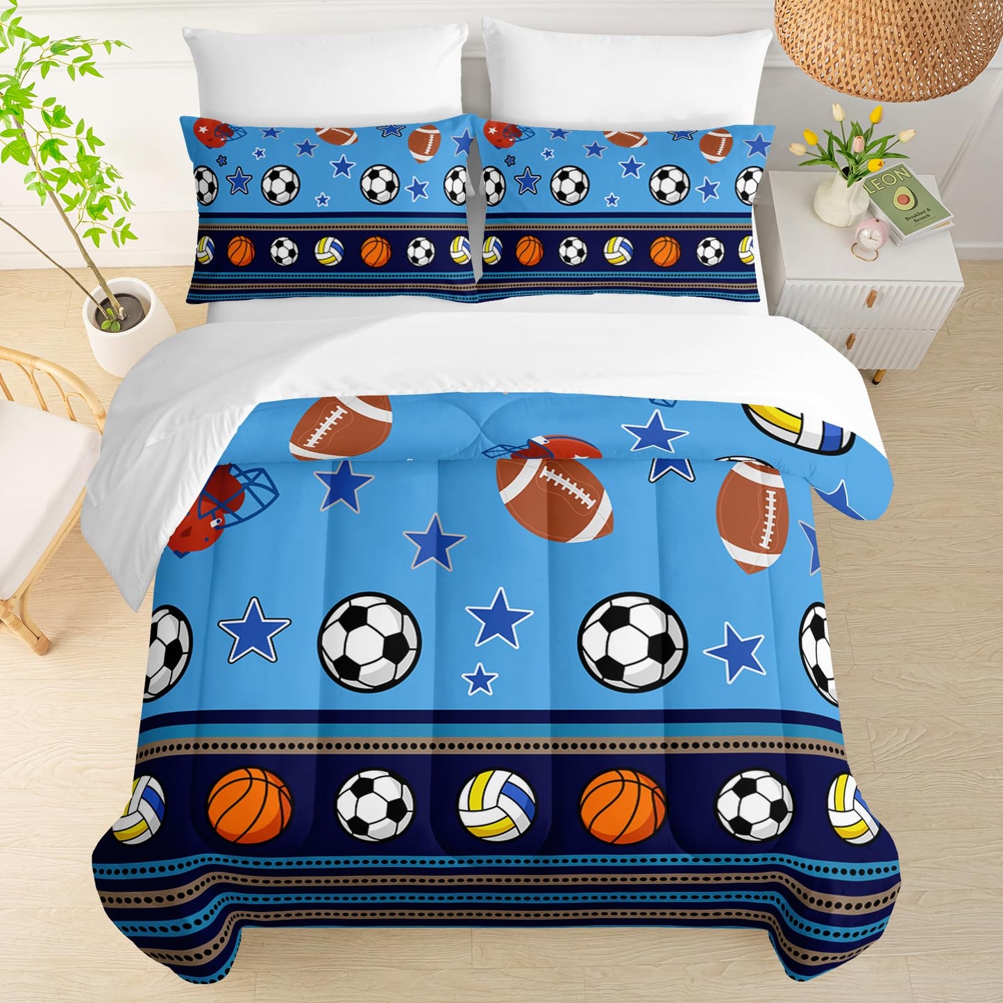 QOOMO Sports 7 Pieces Comforter Set Twin Size,Sports Bedding Set for Kids Teens Girls-Include 1 Comforter,1 Fitted Sheet,1 Flat Sheet,2 Printing Pillowcases and 2 Purple Pillowcases