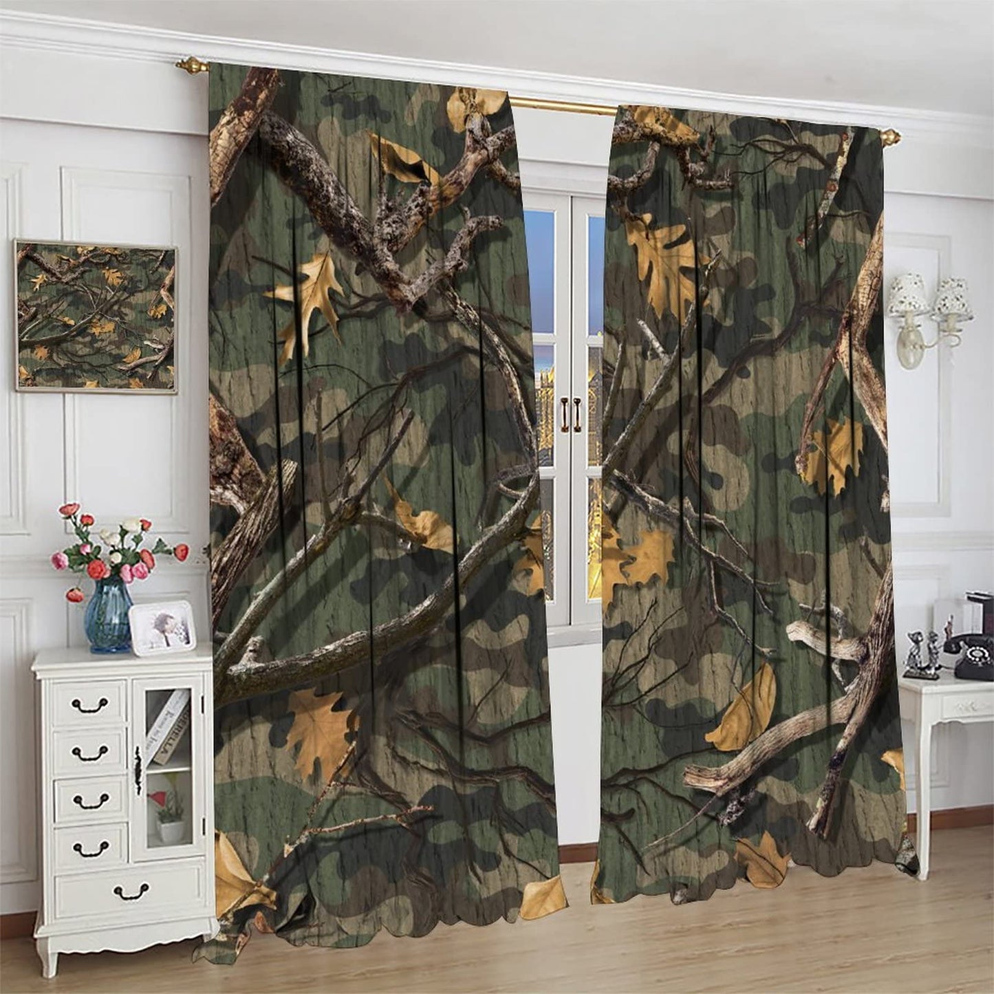 Camouflage Window Curtains,Forest Camo Branches Leaves Hunting Camp Cabin Balckout Window Drapes for Living Room Bedroom Kitchen Decor W42xL45in