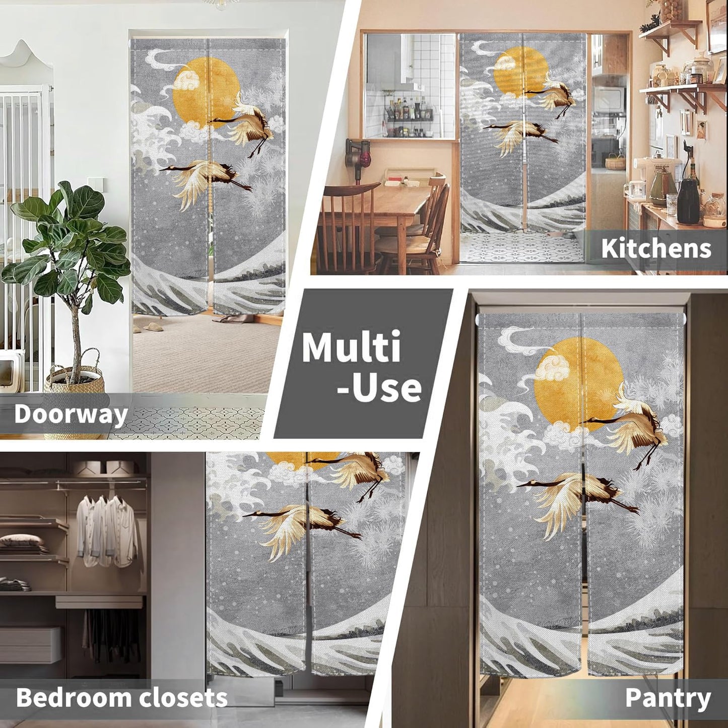 Leowefowa Noren Doorway Curtain Japanese Style Door Tapestry Cranes Waves Gold Full Moon Printed Window Treatment Panel for Room Divider Kitchen Door Curtains Home Decoration, 33.5"x 70.9"