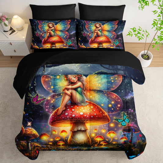 AILONEN 7-Piece Kids Beautiful Fairy Comforter Set,Butterfly Mushroom Fairy Bedding Set Bed in a Bag Twin Size,Girl Forest Spirit Comforter & Fitted Sheet with Flat Sheet,2 Pillowcases,2 Pillow Shams
