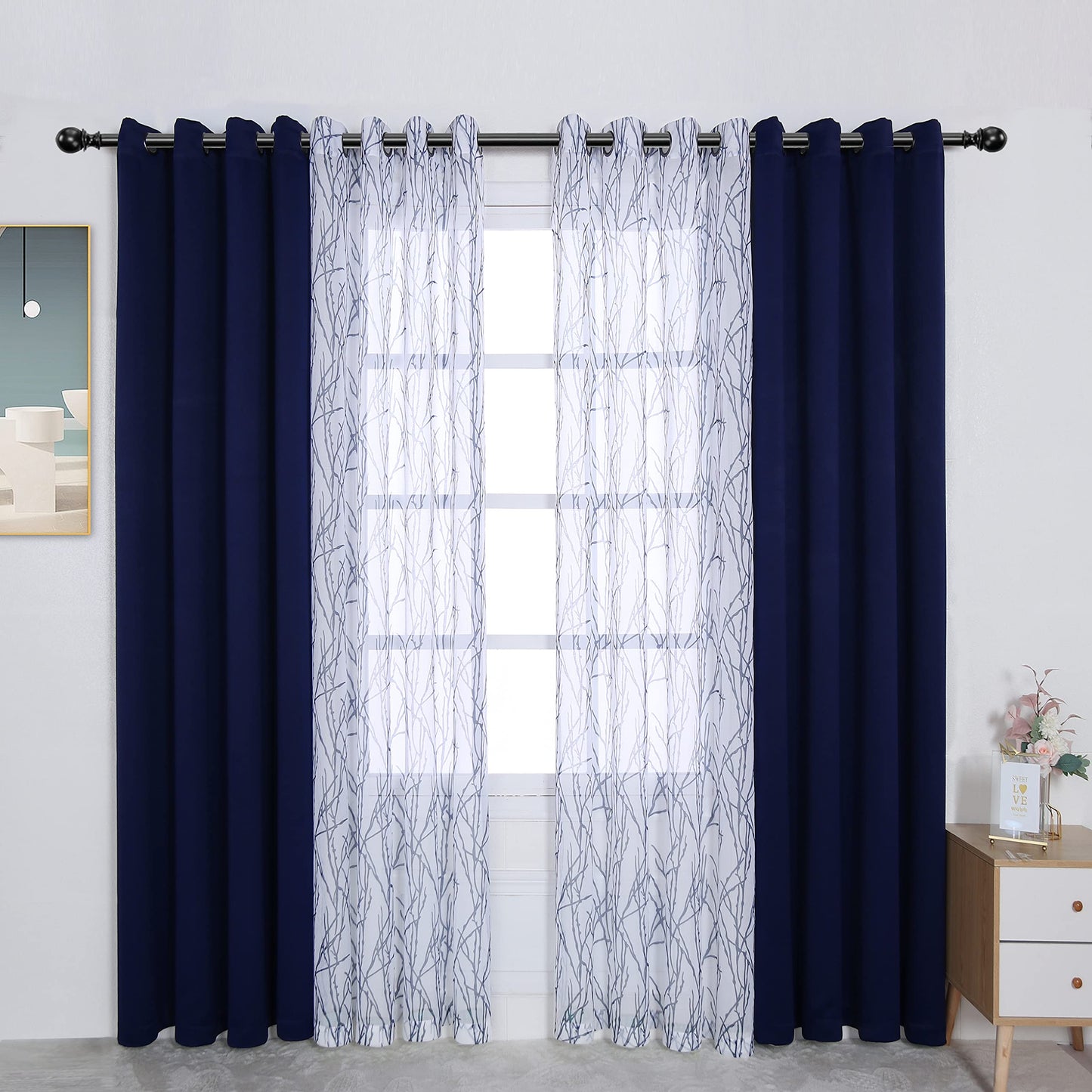 BONZER Mix and Match Curtains - 2 Pieces Branch Print Sheer Curtains and 2 Pieces Blackout Curtains for Bedroom Living Room Grommet Window Drapes, 54x108 Inch/Panel, Indigo, Set of 4 Panels