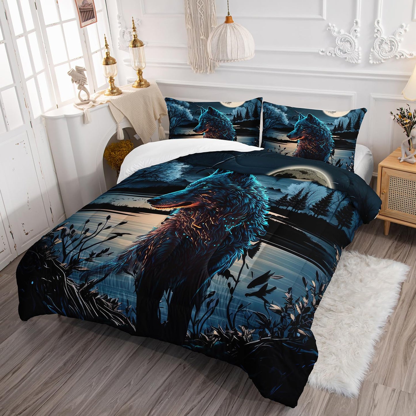 AILONEN Wolf Comforter Set - Queen Size, Boys Wild Animal Bedding Set, Safari Wolf Printed Duvet Set - 3 Pieces, 1 Quilt and 2 Pillowcases