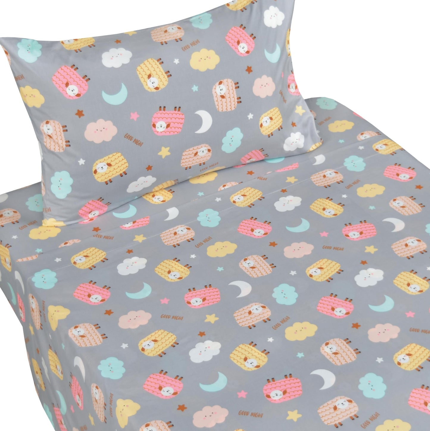 J-pinno Sheeps Cloud Moon Night Sleepy Sweet Dream Cute Cartoon 100% Cotton 3 Pieces Twin Sheet Set for Kids Girls Boys Children Flat Sheet + Fitted Sheet + Pillowcase Bedding Decoration Gift Set