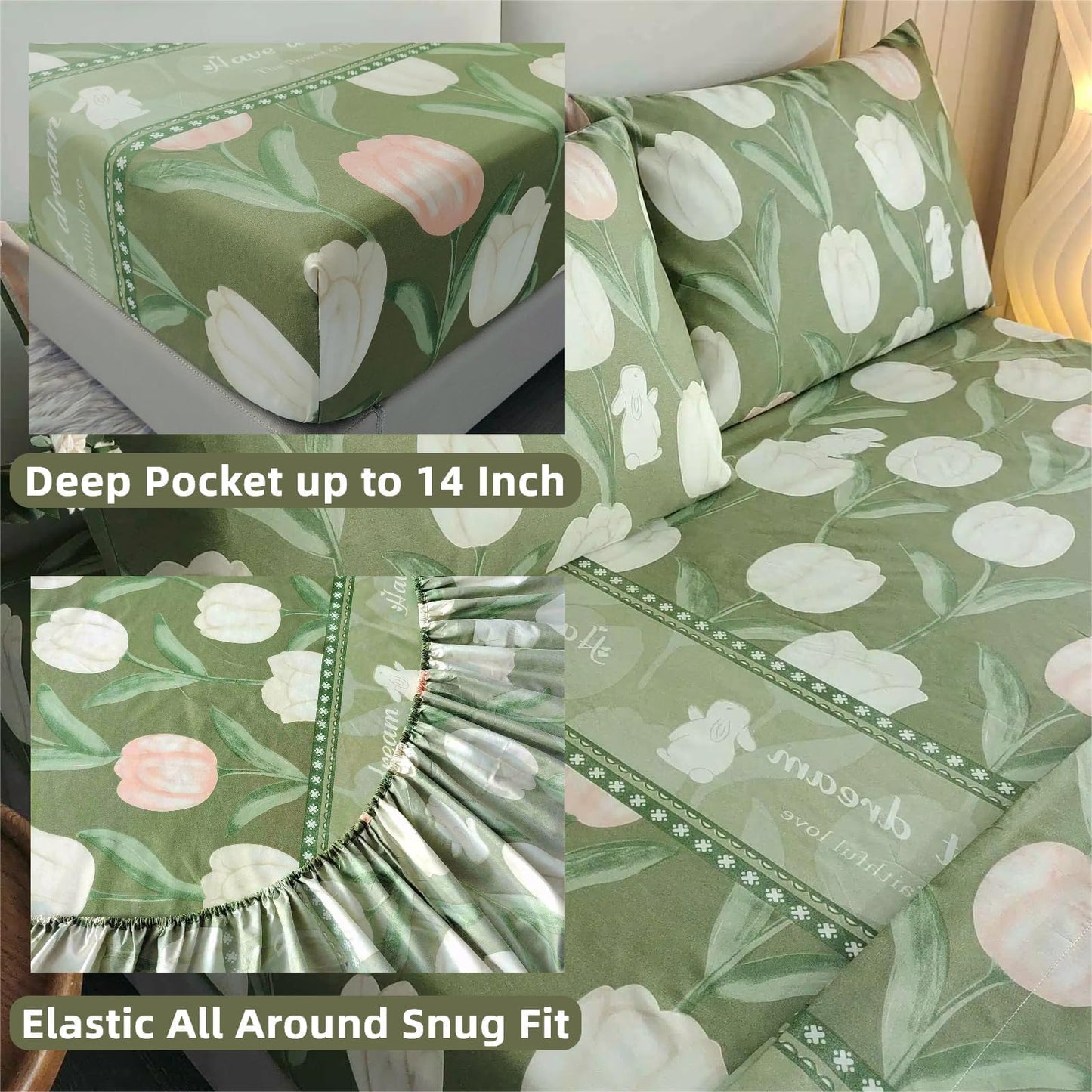 SDIII Green Floral Full Fitted Sheet with 2 Pillowcases, Deep Pocket Soft Microfiber Floral and Rabbit Sheet Full Size All Season