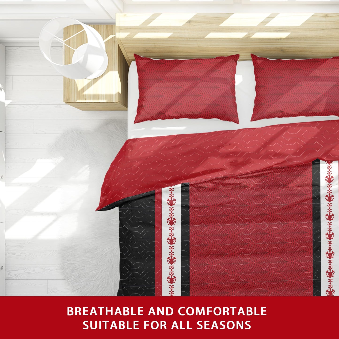 Deepsleep Queen Bedspread Set 9 Pieces, All Season Luxury Bed in a Bag for Bedroom, with 2 Pillowcases and 6 Curtains, Microfiber for Complete Bedroom Decor, Black and Red Stripes