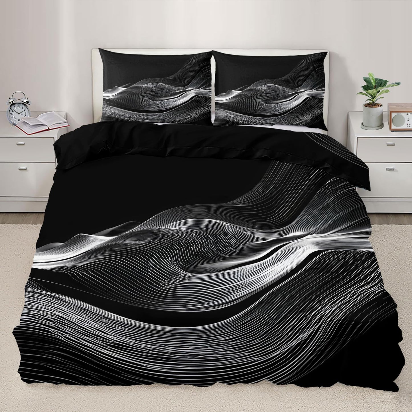 ZAOMIR Black White Duvet Cover Twin Size, Psychedelic White Wavy Stripes Bedding Set 3 Piece, Modern Abstract Geometric Line Patterned Comforter Cover with Zipper Soft Microfiber, 2 Pillowcases