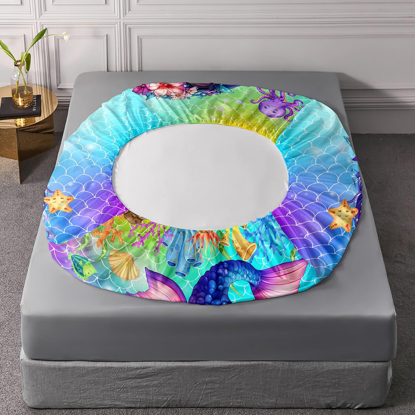 UEVBF Kids Cute Mermaid Fitted Sheet Set Full Size,Black Little Girls Pattern Bedding for Kids Girls Bedroom,Mermaid Scale Seaweed Bedding Sets,1 Fitted Sheet+2 Pillowcases.