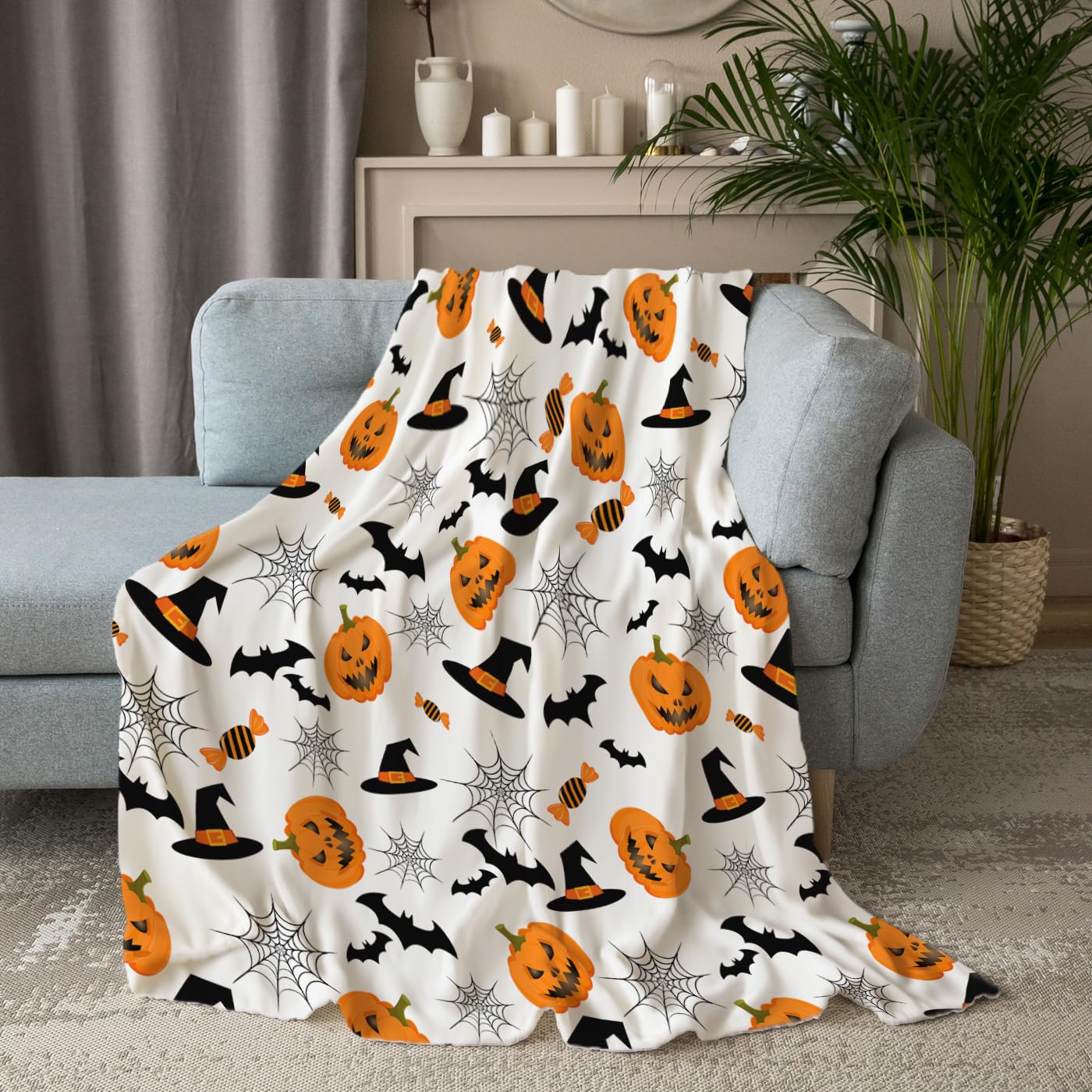 ARESD Halloween Blanket Throw Pumpkin Spider Webs Candy and Black Cats Print on Fleece Flannel Blanket for Sofa Bed Couch Chair Halloween Decorations 50X60 Inches