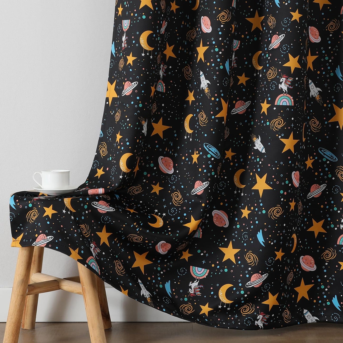 Estelar Textiler Unicorn Planet Printed Black Blackout Curtains 63 Inch Long for Nursery, Thermal Insulated Room Darkening Star and Moon Grommet Window Drapes for Kids Bedroom(38"W x 63"L, 2 Panels)