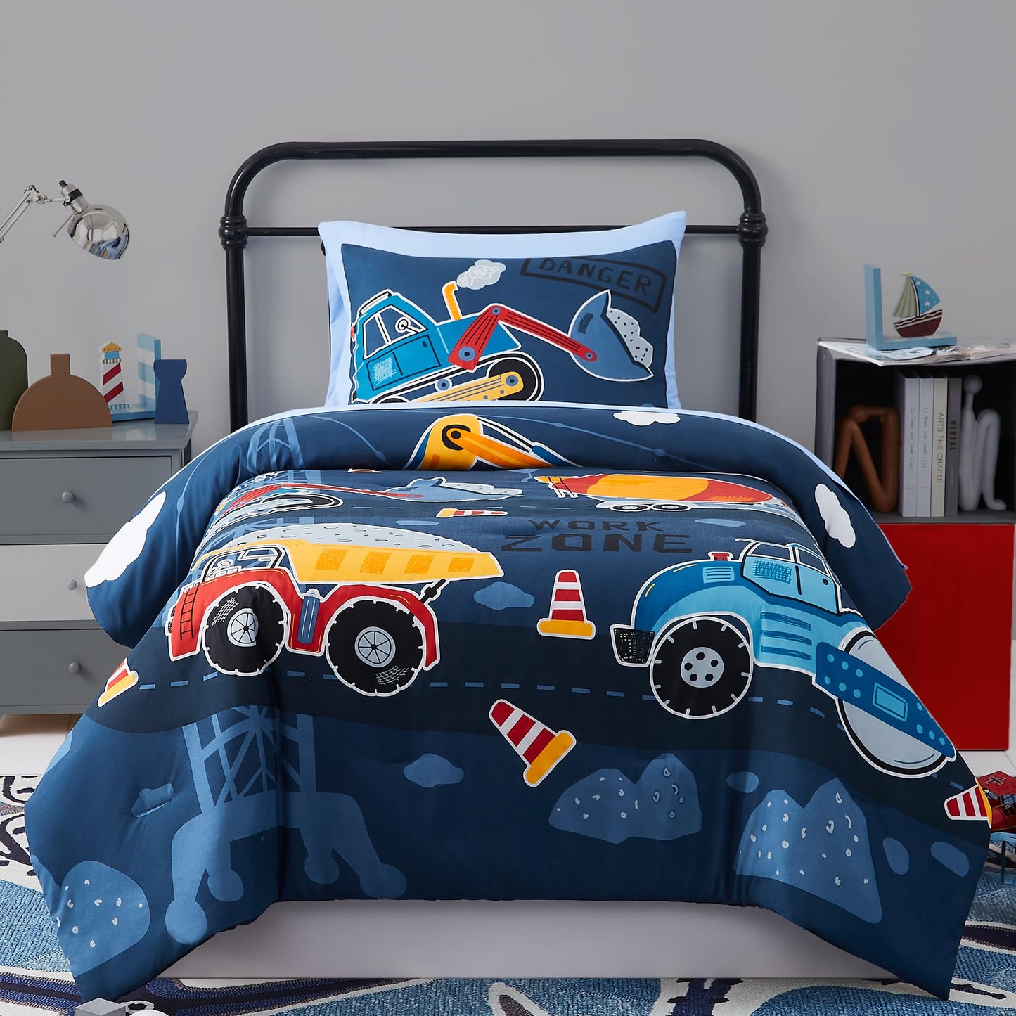 Kaleido Space Twin Kids Comforter Set - 5 Pieces Twin Bedding Sets for Boys Teen, Glow in The Dark Truck Tractor Excavator Bed in A Bag with Sheets