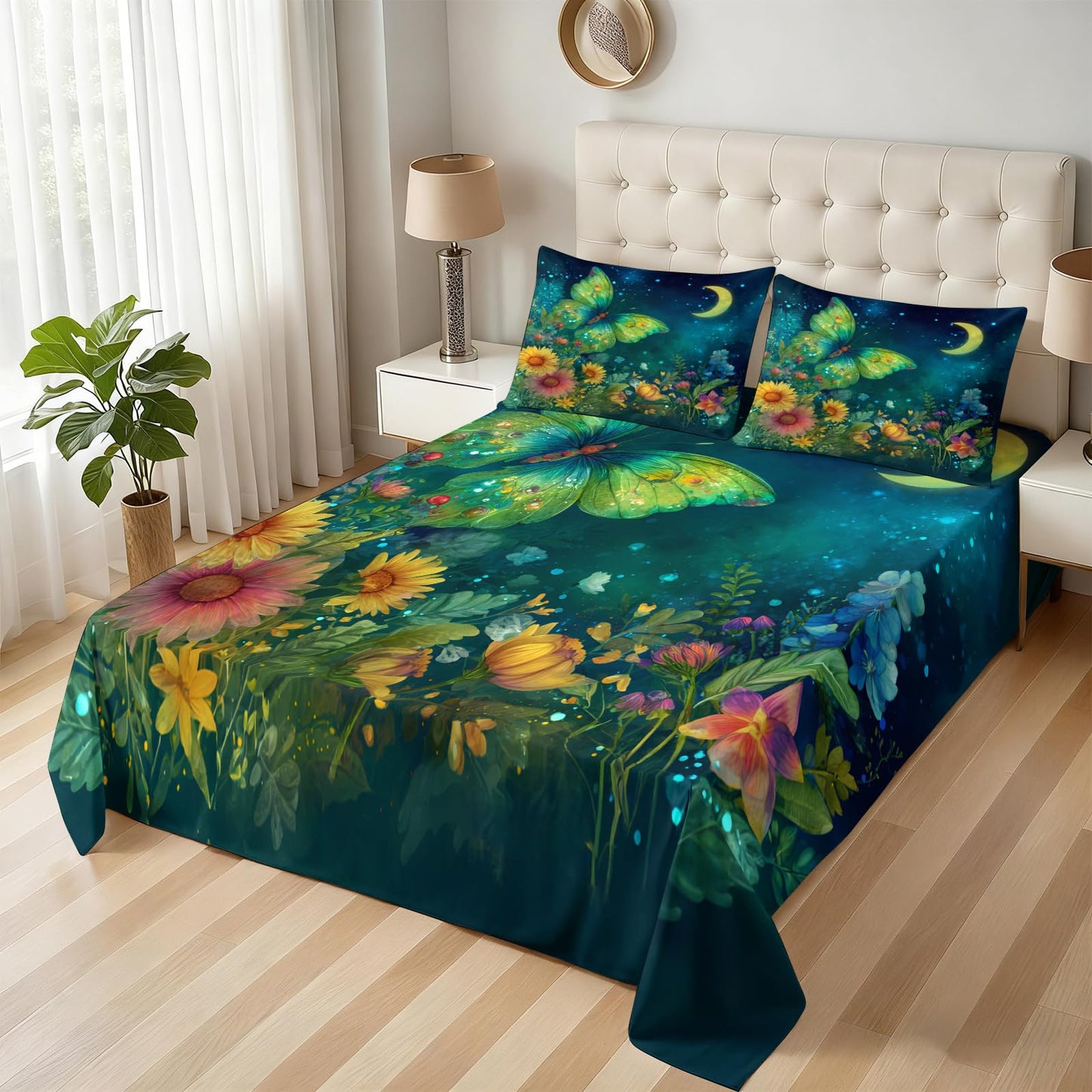 ZAOMIR Dreamy Butterfly Floral Bed Sheets Set King for Kids Teen, Night Sky Moon Butterfly Sheet Set 4 Pcs for Girls Women, Flowers Botanical Sheets with Fitted & Flat Sheet & 2 Pillowcases