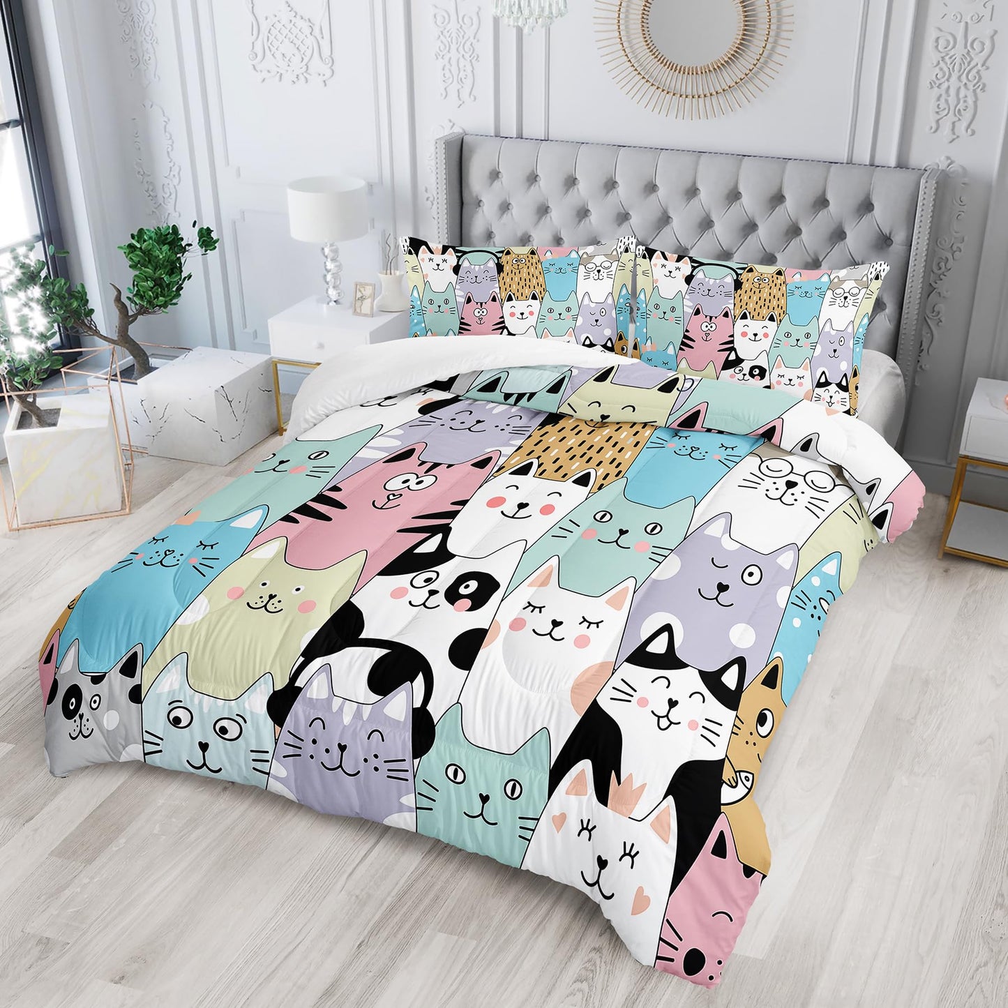 Tuzaovy Queen Cat Comforter Set for Girls - Kawaii Queen Size Bedding, Cute Comforter Set for Teen Girls