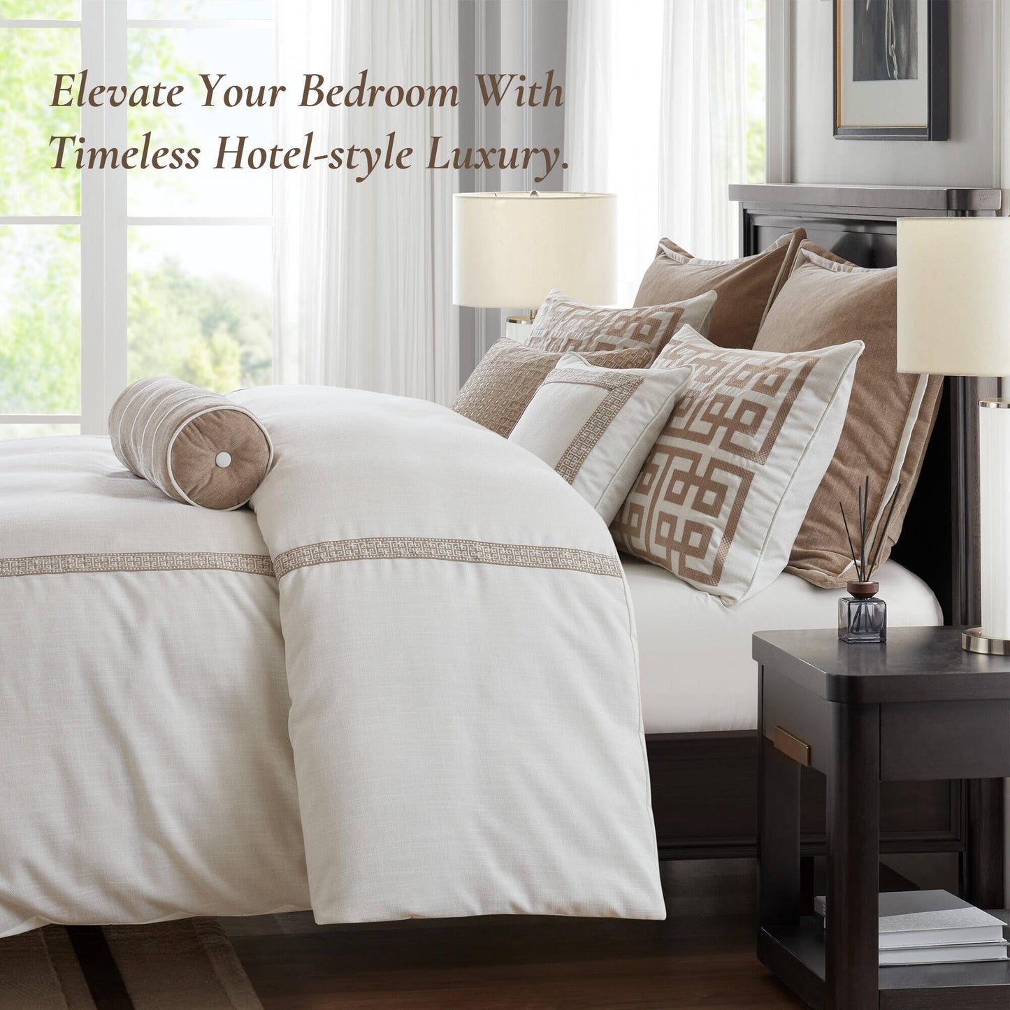 Madison Park Signature Oversized Queen Comforter Set, Luxury Hotel Style Bedding with Embroidered Details, All Season Down Alternative Comforter, Matching Shams&Decorative Pillows, Tan/Ivory, 8 Piece