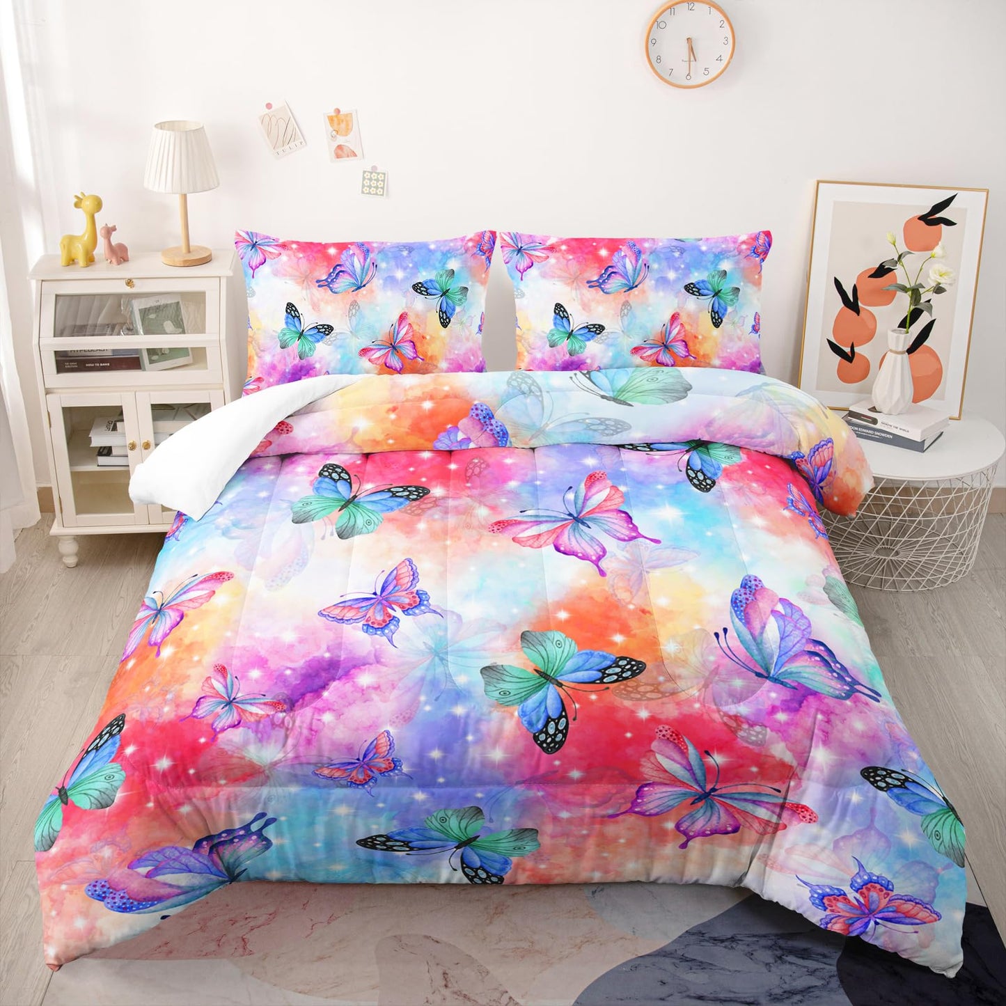 Nttopship Rainbow Butterfly Comforter Sets - Twin Size, Cute Kids Bedding Sets with Galaxy Butterfly Pattern, All Season Comforter and 2 Pillowcases