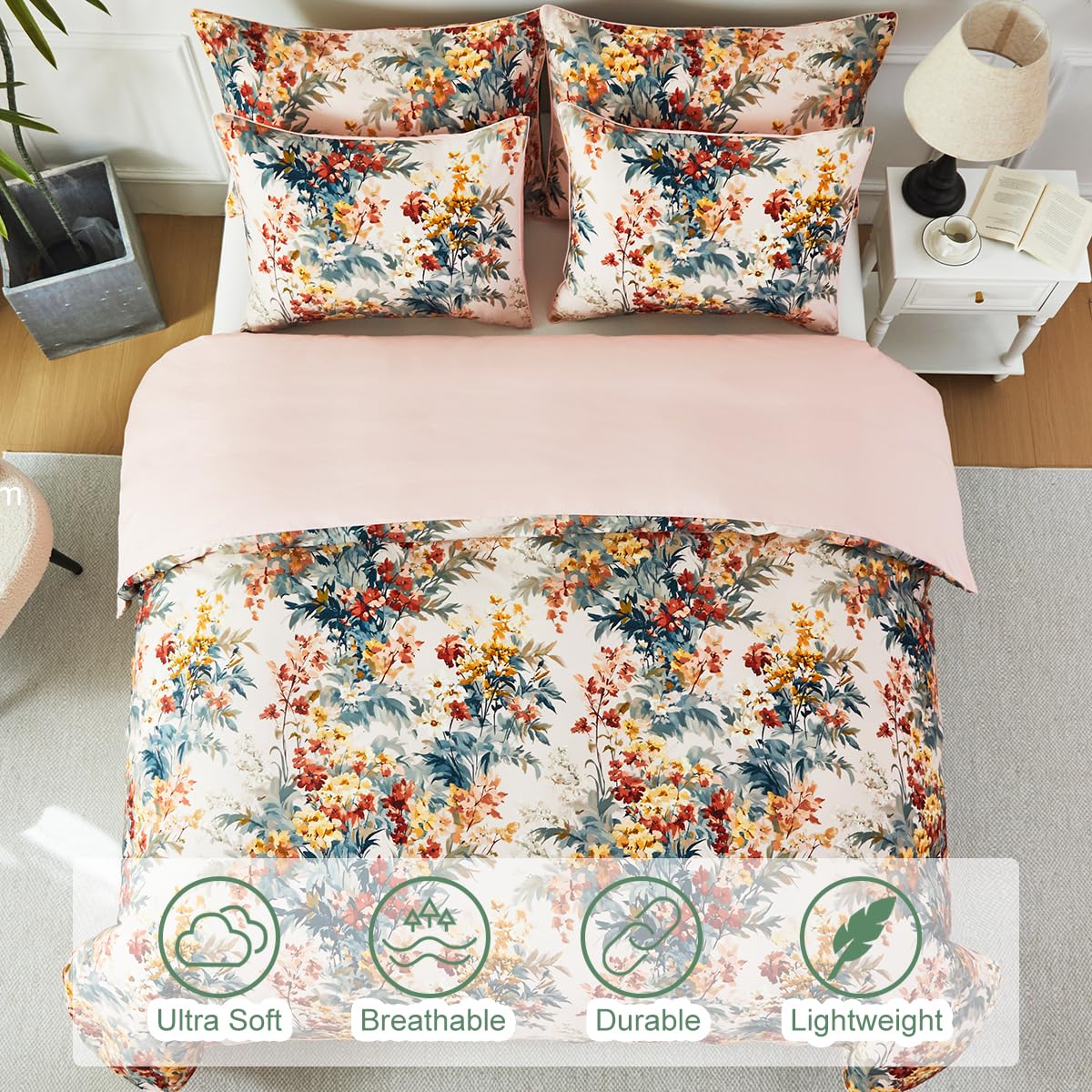 URBONUR Floral Duvet Cover Set Twin Size 3 Pieces 100% Cotton Silky Sateen Wildflowers Comforter Cover with 2 Pillowcases Soft & Breathable Bedding Sets