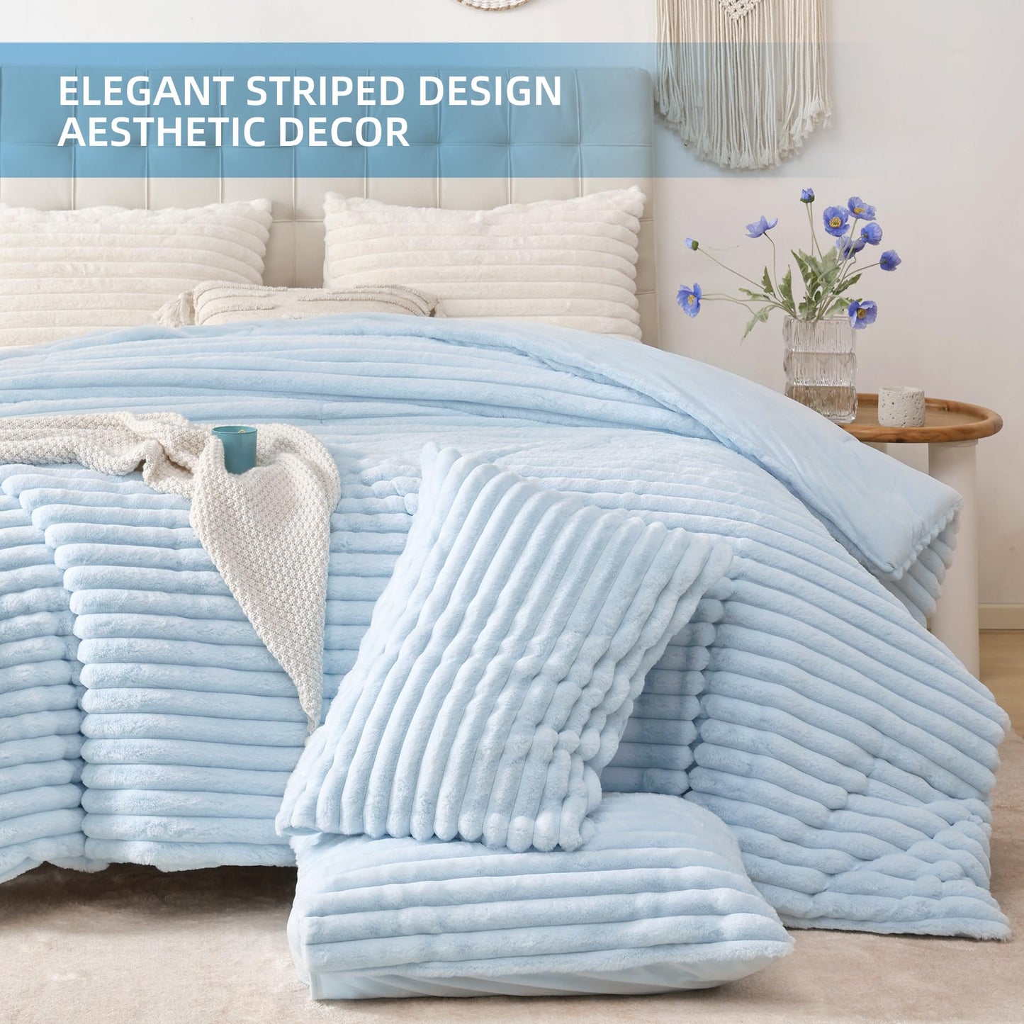 Smoofy Fluffy King Size Comforter Set 3 Pieces - Light Blue Fleece Fluffy Comforter Set, Luxury Fuzzy King Bedding Set, Soft King Bed Set All Season, Heavy Faux Fur Comforter with 2 Pillow Cases