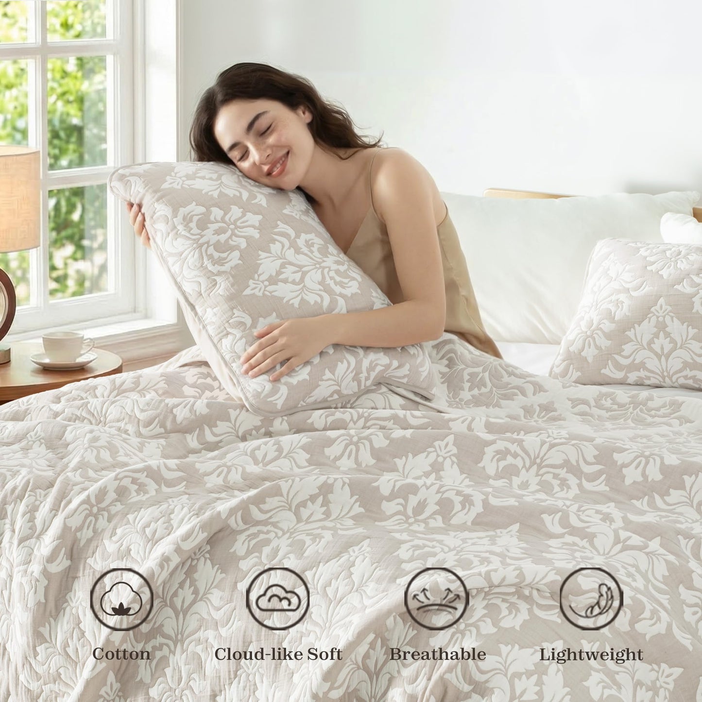 Exclusivo Mezcla Cotton Quilts King Size Beige, Soft Lightweight Bedspread Breathable Prewashed Bed Coverlet with 2 Pillow Shams, Boho Pattern Yarn Dyed Muslin Quilt Bedding Set for All Seasons