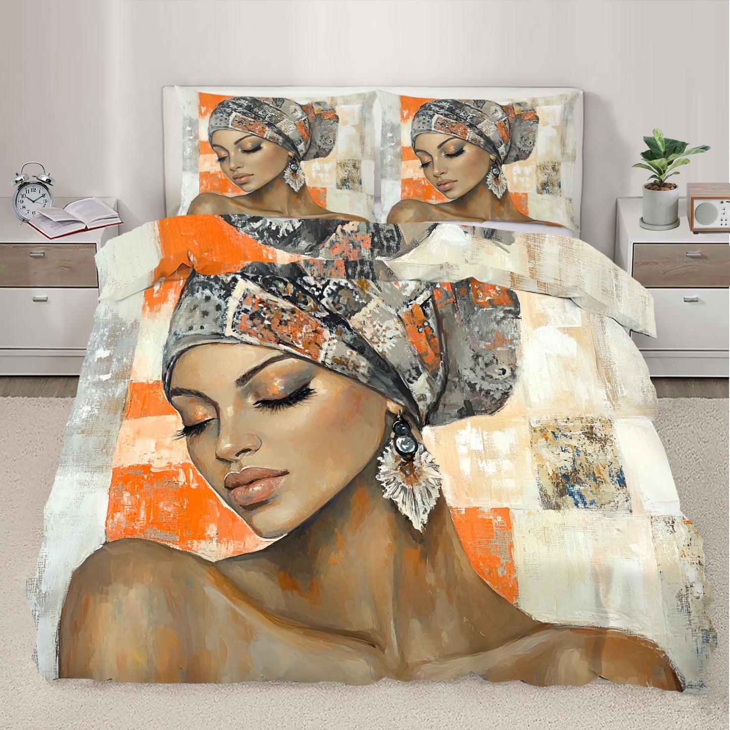 PAISUOQ African Woman Bedding, Black Girl Comforters Queen Size, Orange Grunge Style Duvet Cover with 2 Pillowcases, 3 Pieces with Zipper & Ties, Home Decor & Gifts