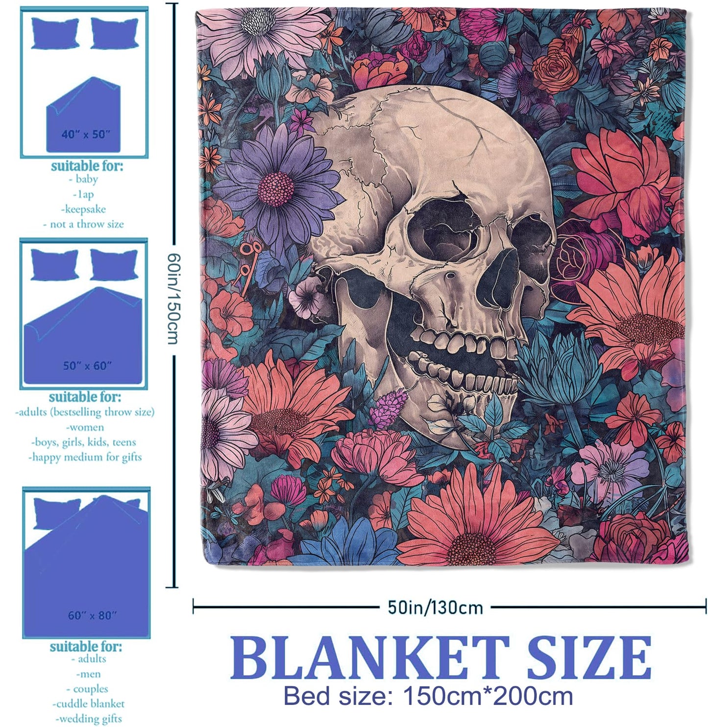 Plistiz Goth Floral Skull Throw Blanket 50x60 Inch, Gothic Style Blankets for Unique Home Decor, Skeleton Flannel Throw, for Women Men