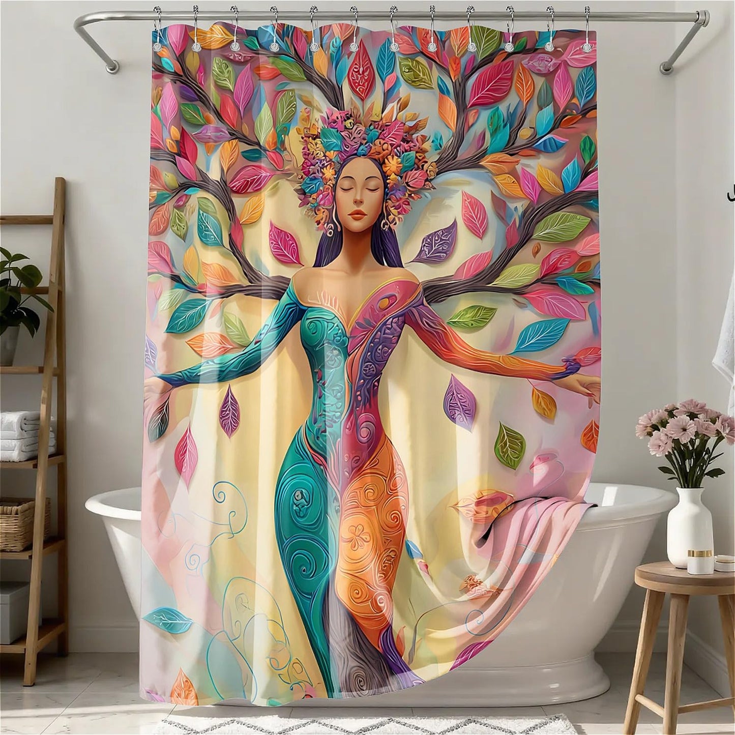 TANGXUNFA Colorful Tree Woman Shower Curtain for Bathroom, Water-Resistant Long Shower Curtain Set 72x72 Inch with Metal Grommets and 12 Metal Hooks