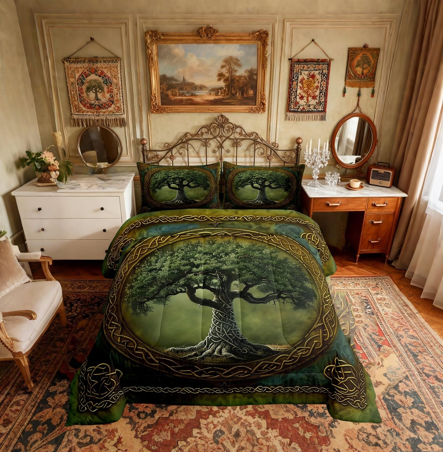 Manfei Tree of Life Comforter Set,Mystic Tree Boho Exotic Style Green Bedding Set for Teens Adults Room,Tribal Golden Branches Geometric Circle Grid Quilt Set 3 Pcs with 2 Pillowcases,Queen