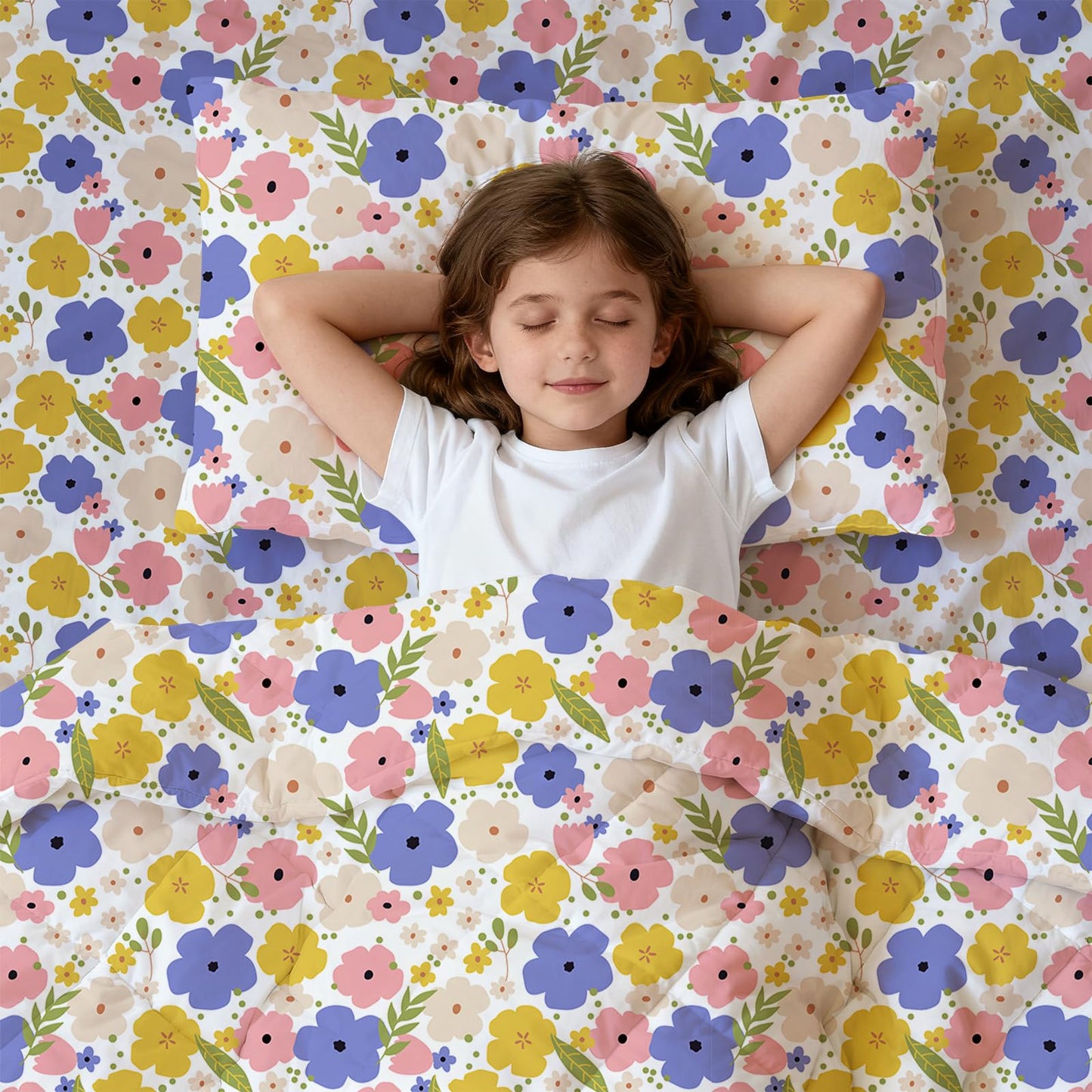 LONAVA Toddler Kids Comforter Set - 4 Pieces Toddler Bedding Sets for Boys Girls Children, Ultra Soft Microfiber Bed in A Bag with Flat Fitted Sheets, Flower