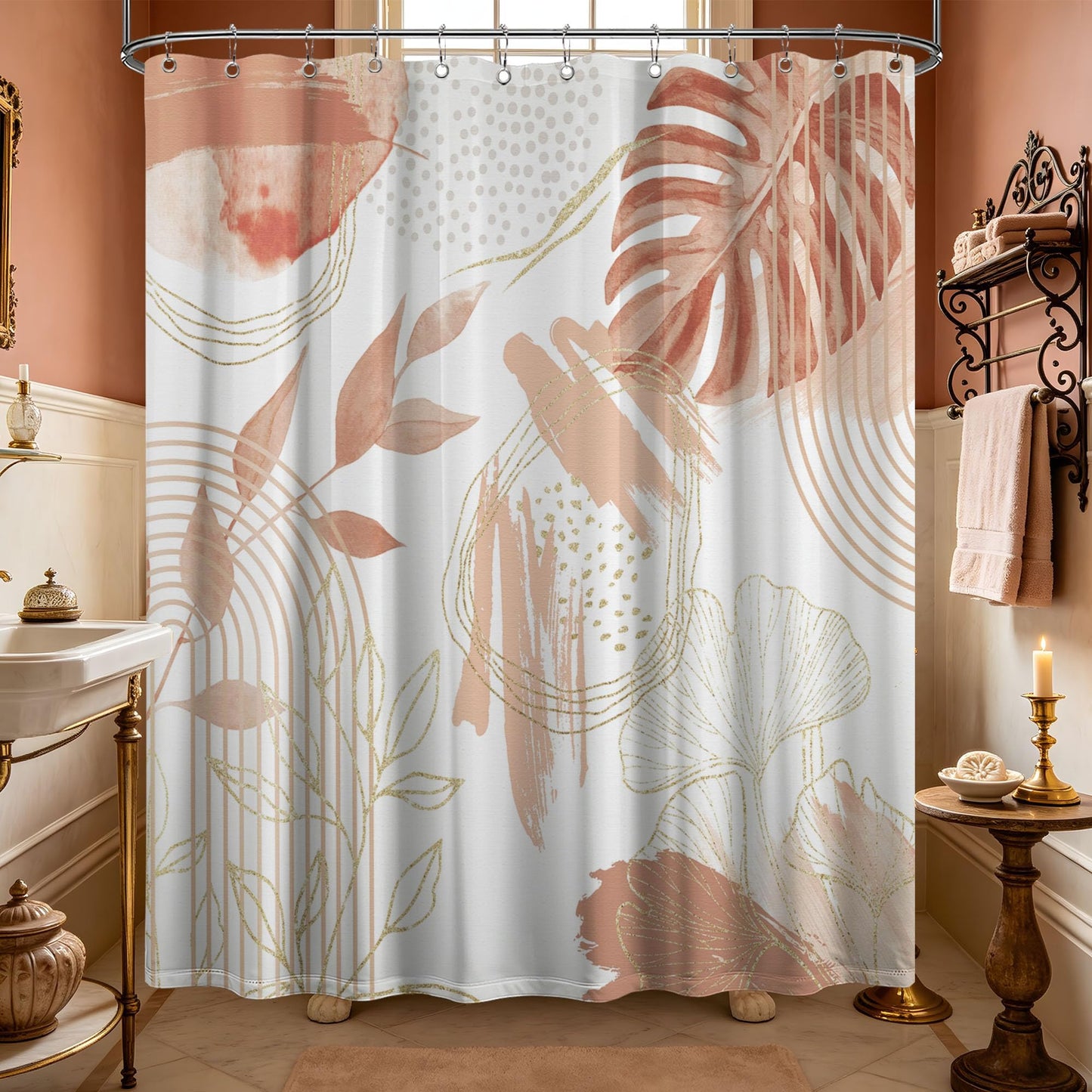 soeeao Coral Pink Shower Curtain Cute Girly Salmon Peach Mid Century Modern Shower Curtains for Girls Bathroom Decor, Waterproof Cloth Fabric with Hooks, 70" W x 72" L