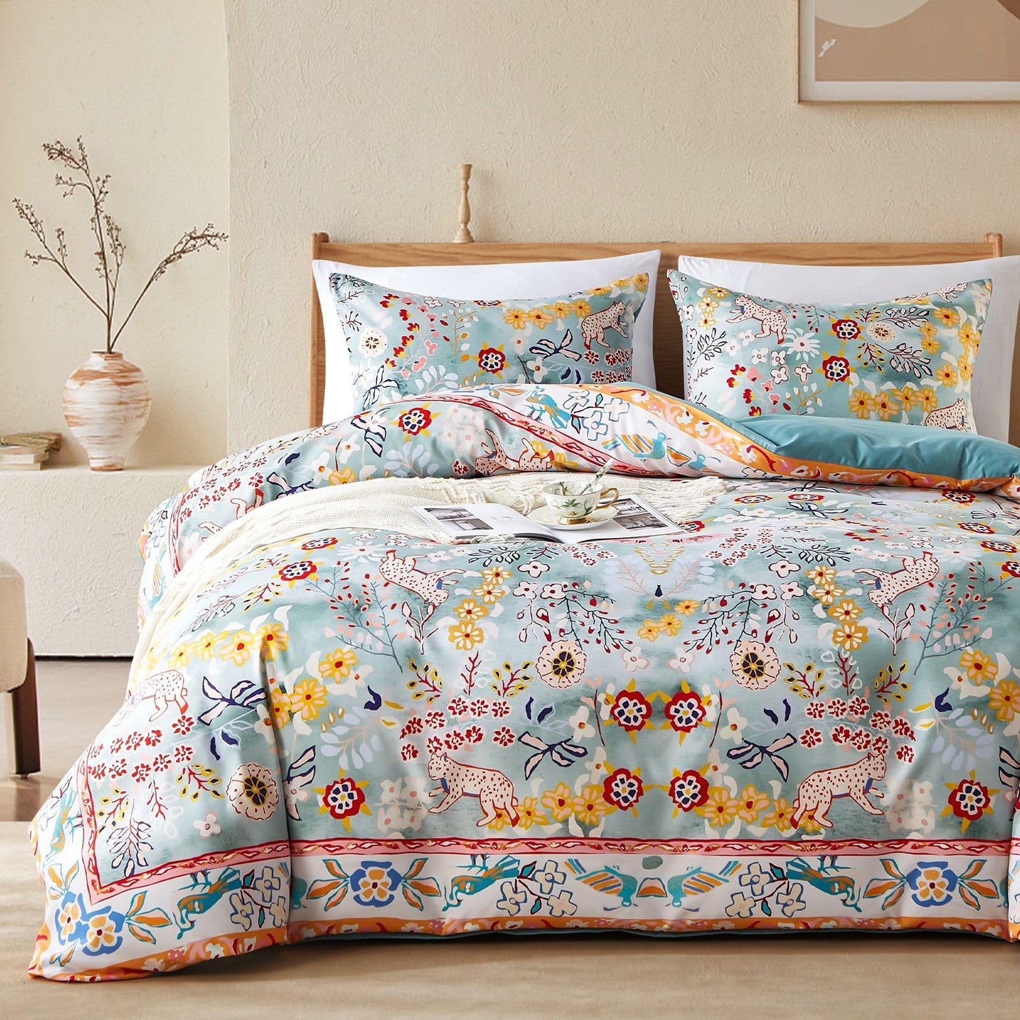 Cupocupa Duvet Cover Twin Size Set Boho Floral Botanical 2 Pieces XL Size Lightweight Duvet Cover Set with Zipper Closure, 4 Ties Reversible Chic Garden Aesthetic Bedding