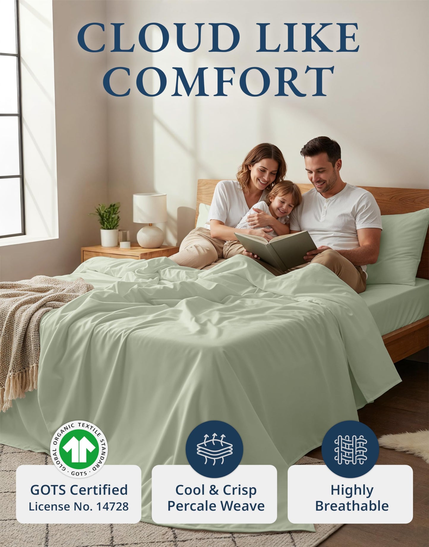 LANE LINEN 100% Organic Cotton Sheets Queen Size Bed Set, Machine Wash Eco Friendly Sustainably Produced Cotton Queen Sheet Set, Soft & Comfy Long Stabple Naturally Cooling Sheets– Mineral