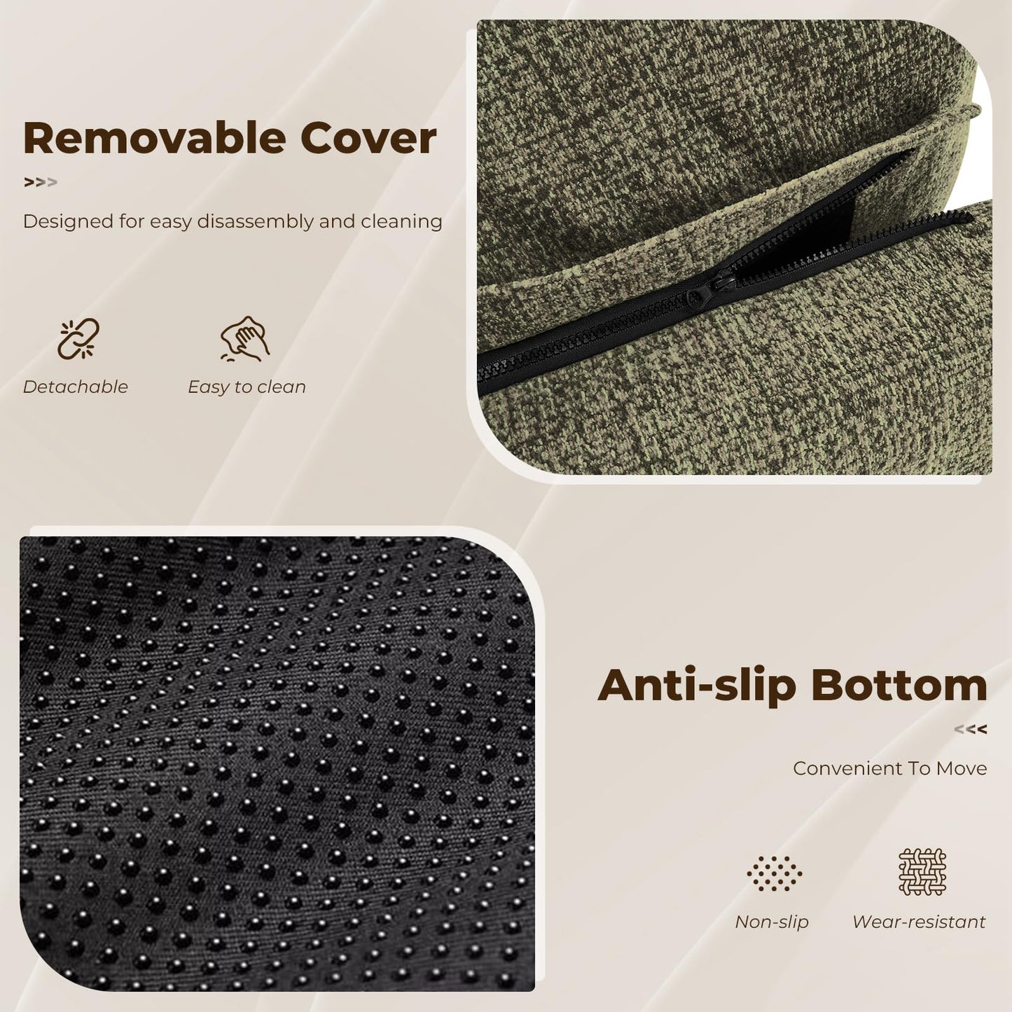 Furnimart High Density Foam Bean Bag Chair for Adults, XXL Boneless Floor Lounger with Ergonomic Back Support, No Sag Compression Foam, No Assembly, Washable Chenille Cover (Olive Green)