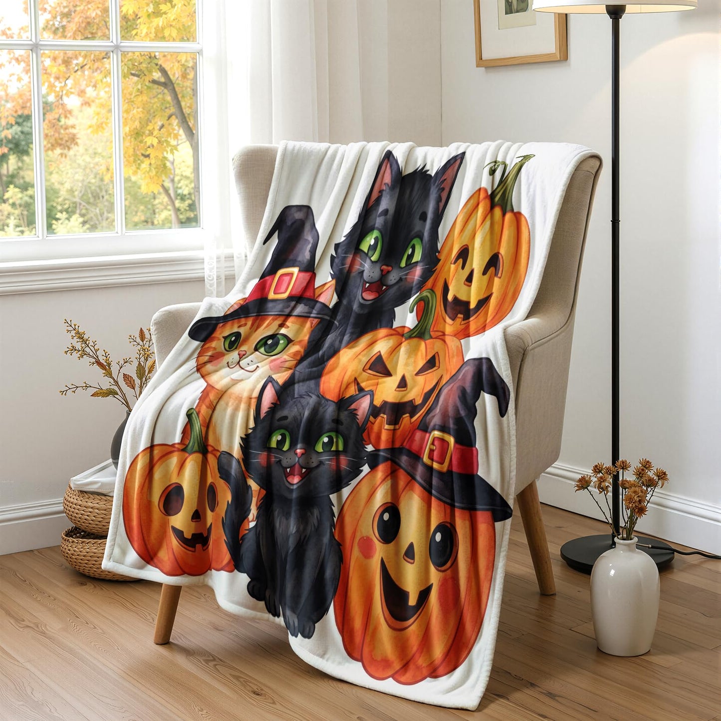 GEDAEUBA Halloween Blankets and Throws - Cute Black Cat and Pumpkin Fleece Blanket Throw, Soft Cozy Blankets & Throws for Couch, Bed, and Sofa, 50x60 inches