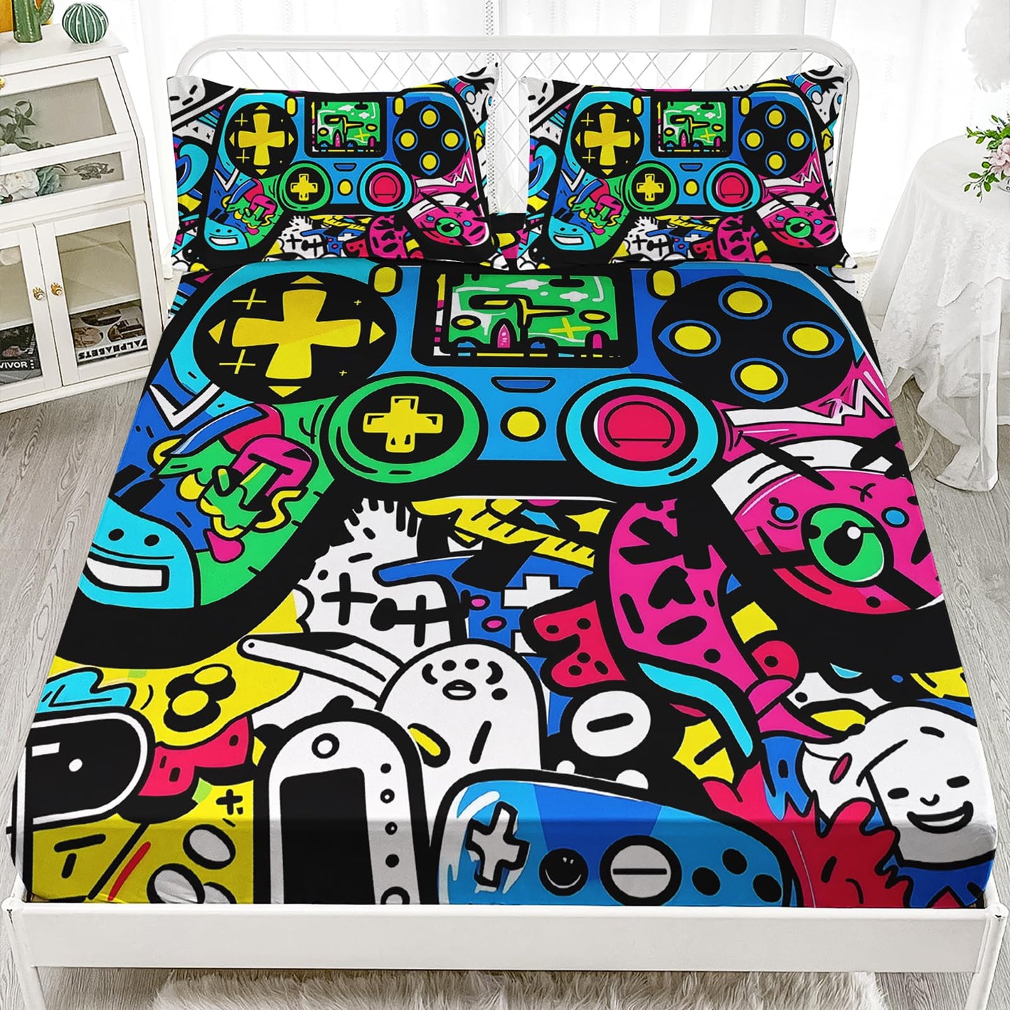 AILONEN Gaming Queen Size Fitted Sheet Set - Graffiti Video Game Controller Bedding Set for Boys Girls - Cartoon Funny Gamepad Deep Pocket Sheets with 2 Pillowcases - 3 Pieces