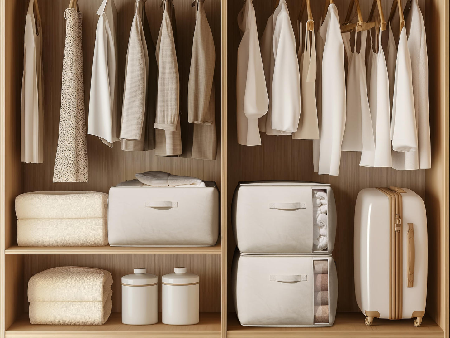 TomVista Large Canvas Clothes Storage Bags with Thick Handles and Clear Window, Foldable Cotton Linen Closet Organizer for Clothing, Blankets and Bedding, 70L, 3 Pack, Beige