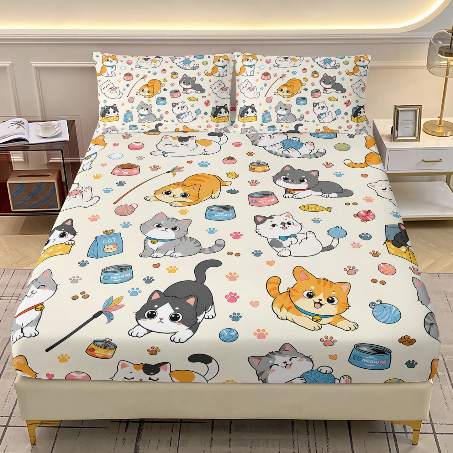 AILONEN Cute Cat Fitted Sheet Twin XL Size, Kitten Pet Animal Bedding, Cream Patterned Mattress Cover, Deep Pocket Microfiber 3 Piece Pillowcase Nursery Accessory Bottom Protector