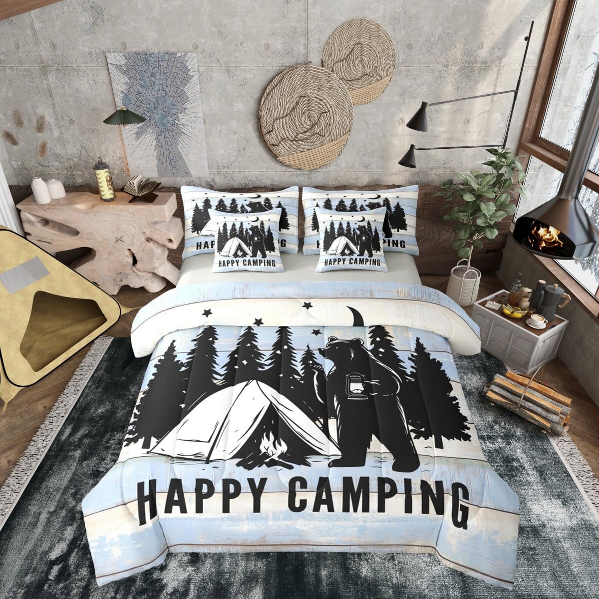 Erosebridal Happy Camping 7 Pieces Bedding Set Twin,Camping Lover Bed in a Bag,Cabin Funny Bear Bed Set Includes Comforter,Sheet Set,Pillowcases & Pillow Covers,Blue Beige Wooden Plank Bedroom Decor