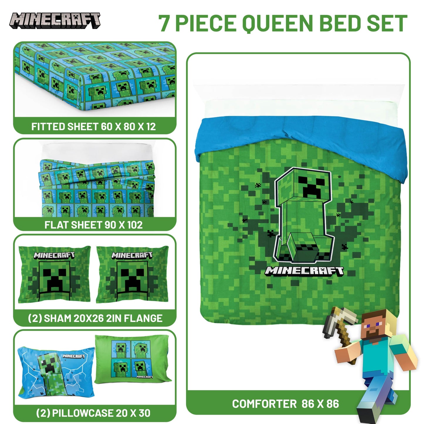 Jay Franco Kids Comforter Set Includes Sheets and Pillow Covers - Soft and Cozy Bed Set for Stylish Room Decor, Green - Minecraft Creeper, 7 Piece Queen Size Bedding