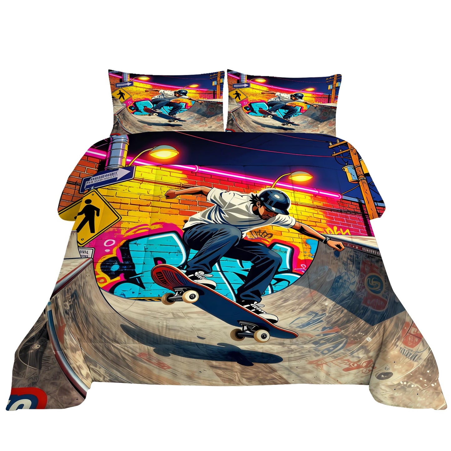 VTKON Skateboard Comforter Set for Teens Queen 3Pcs with 1 Comforter and 2 Pillowcases Cool Graffiti Bedding Set Boys Sports Themed Bed Sets Microfiber for All Season