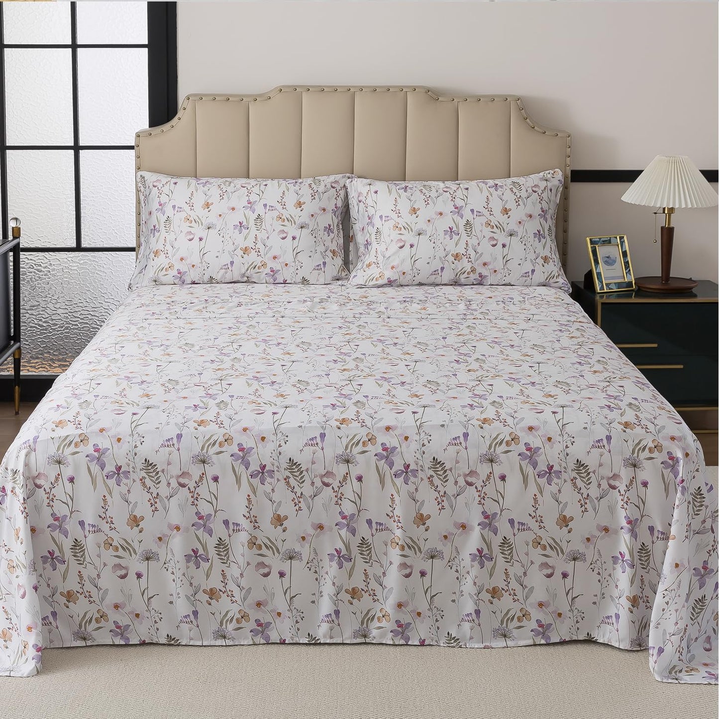 FADFAY Twin Size Sheet Set, 70% Viscose Derived from Bamboo, 30% Cotton 4 Pieces Country Style Lavender and Orange Floral Print Bedding, Deep Pocket Fitted Sheet