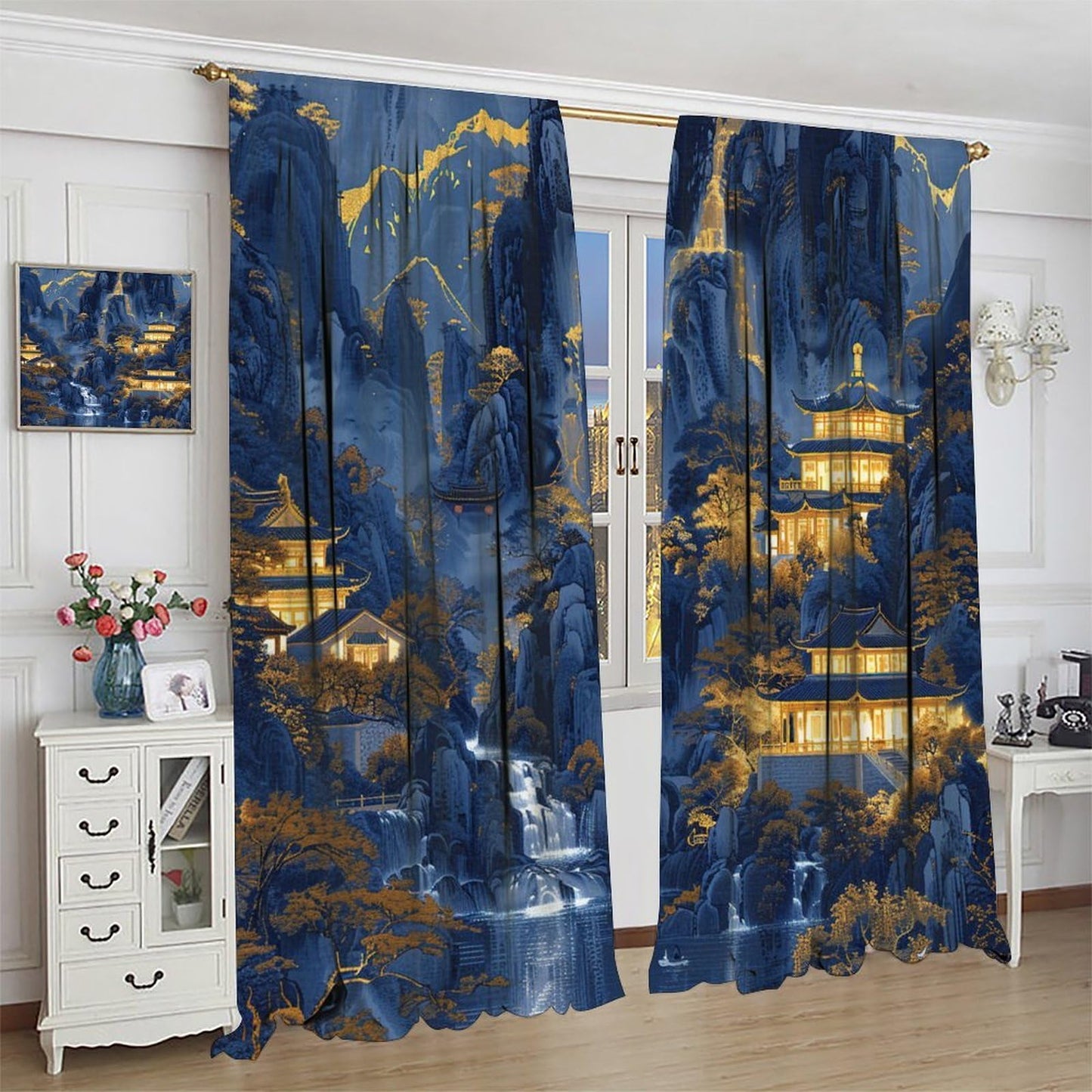 VUMIVI Oriental Landscape Curtains Retro House Gold-Threaded Blue Painting Traditional Chinese Art Rod Pocket Window Treatments for Bedroom Kitchen Living Dining Apartment Dorms Cafe 42" W X 44.5" L