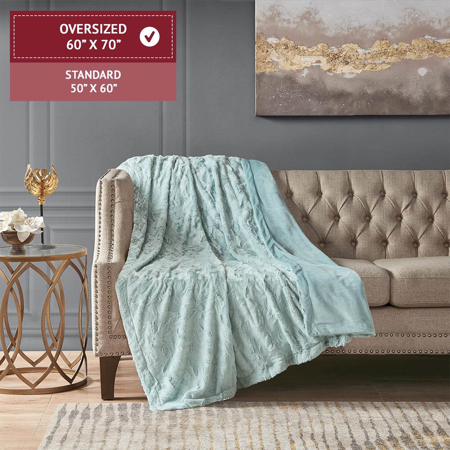 Madison Park Zuri Soft Plush Luxury Oversized Faux Fur Throw Animal Stripes Design, Faux Mink On The Reverse, Modern All Seasons Blanket for Bed, Sofa Couch, Office, Aqua, 60x70