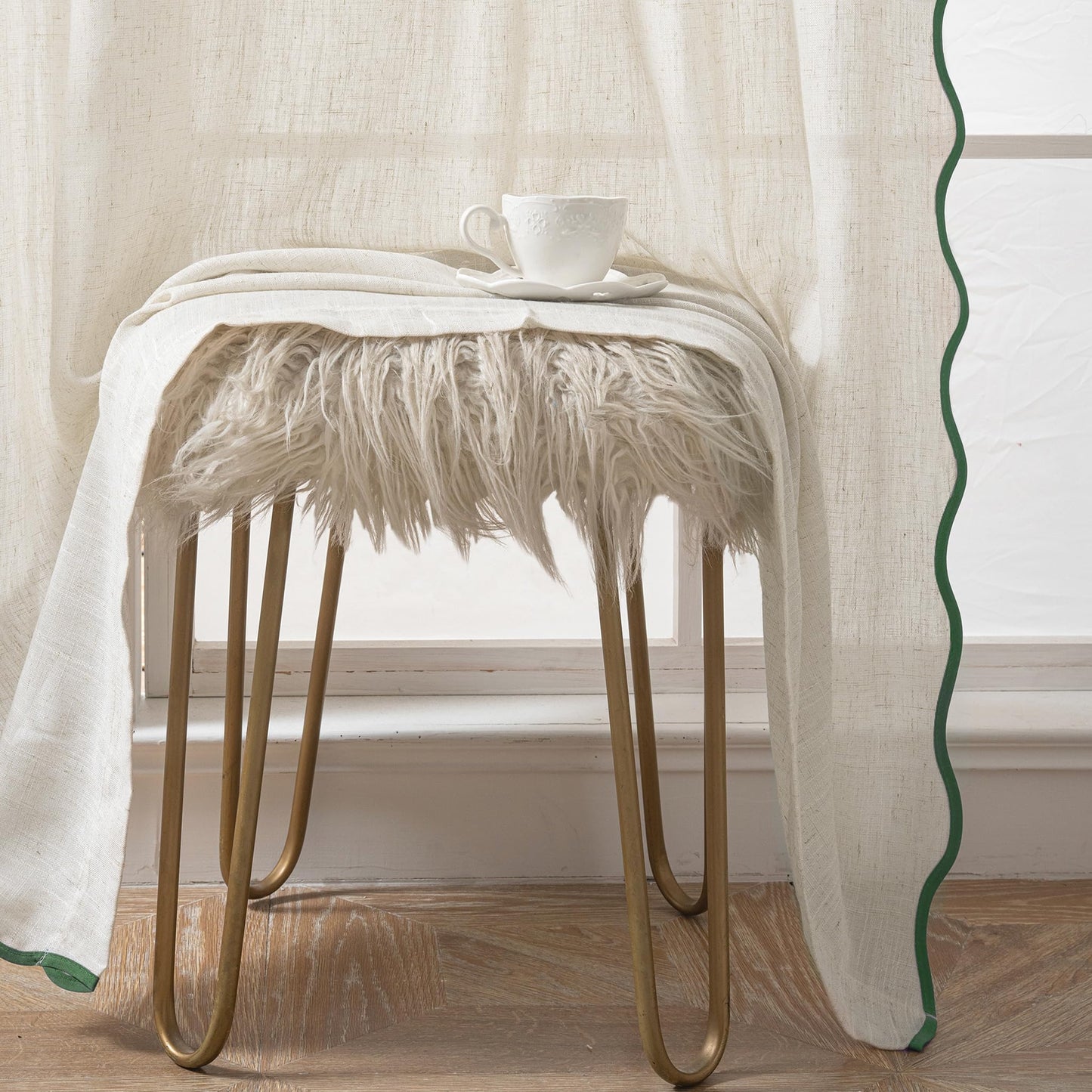 DriftAway Semi Sheer Scalloped Edge Linen Coastal Beach Window Curtains for Living Room Bedroom 2 Panels Rod Pocket Each Size 52 Inch by 84 Inch Loden Green