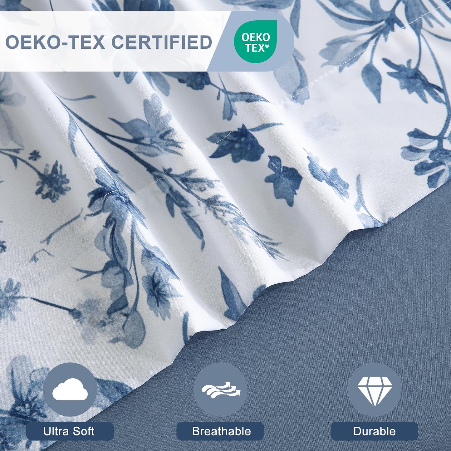 Botanical 6-Piece Queen Bed Sheets Set, Boho Floral Print Brushed Microfiber Sheets, Cooling Bed Sheet Set, Ultra Soft & Breathable, 16' Deep Pocket Fitted Sheet & Pillowcase Set, Grey Blue Floral